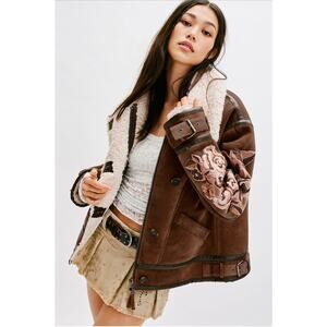 Free People NWT We The Free Andies Embroidered Vegan Leather‎ Moto Jacket Size L